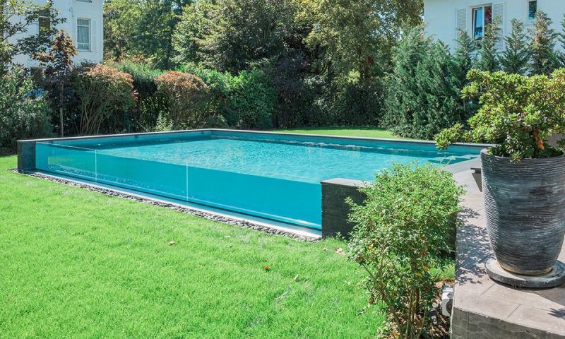 Piscine à paroi de verre 3D Gris béton  Bassin de cristal