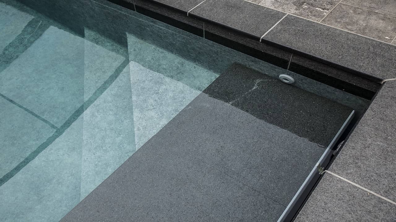 Bassin à ciel ouvert piscine veranda retractable esprit piscine 2017 Ligne d'eau minérale Abri de piscine Véranda 3D Gris béton 