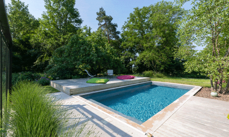 Piscine avec terrasse mobile 3D Gris béton  Cachée sous la terrasse